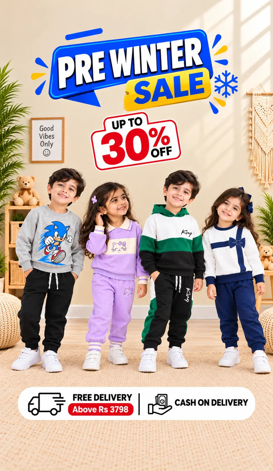 JuniorFits Pre Winter Sale banner featuring kids winter clothing with up to 35% off, free delivery and cash on delivery all over Pakistan